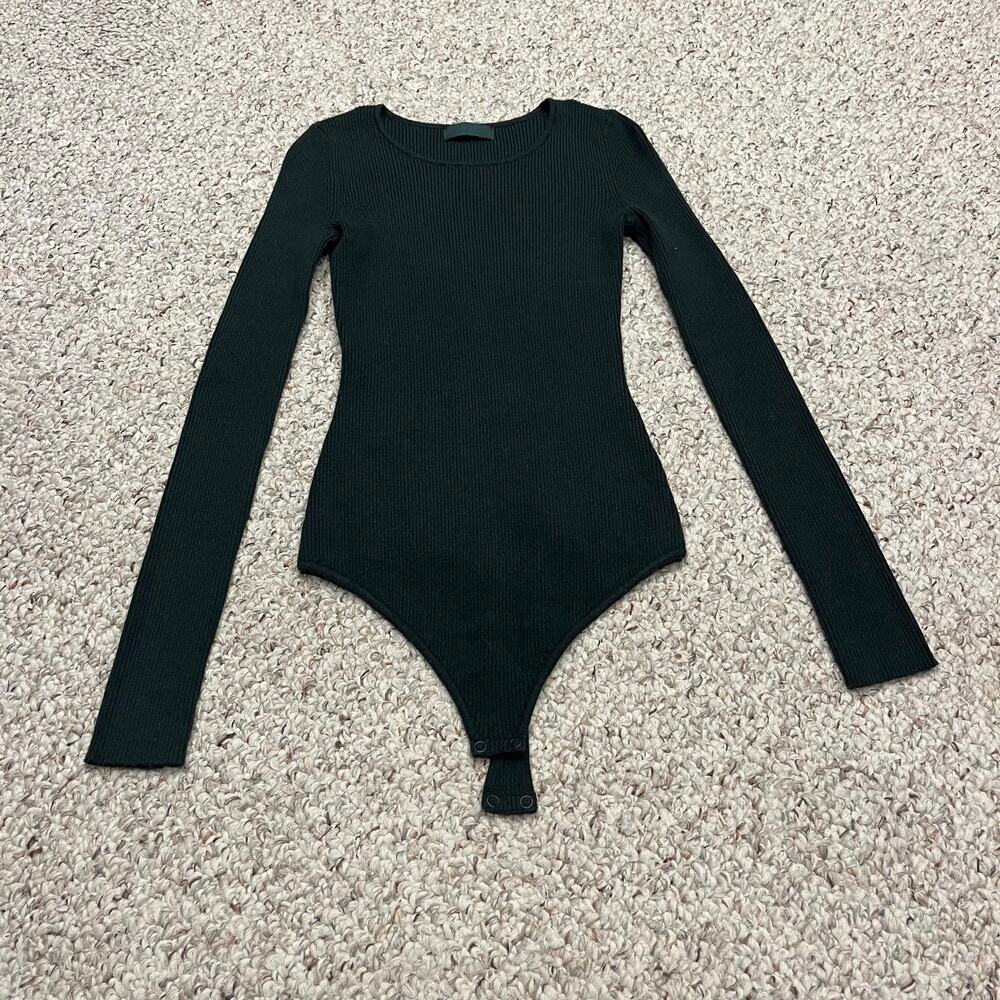 Nuuds Long Sleeve Ribbed Bodysuit Dark Green S Classic Comfort Stretch Basic